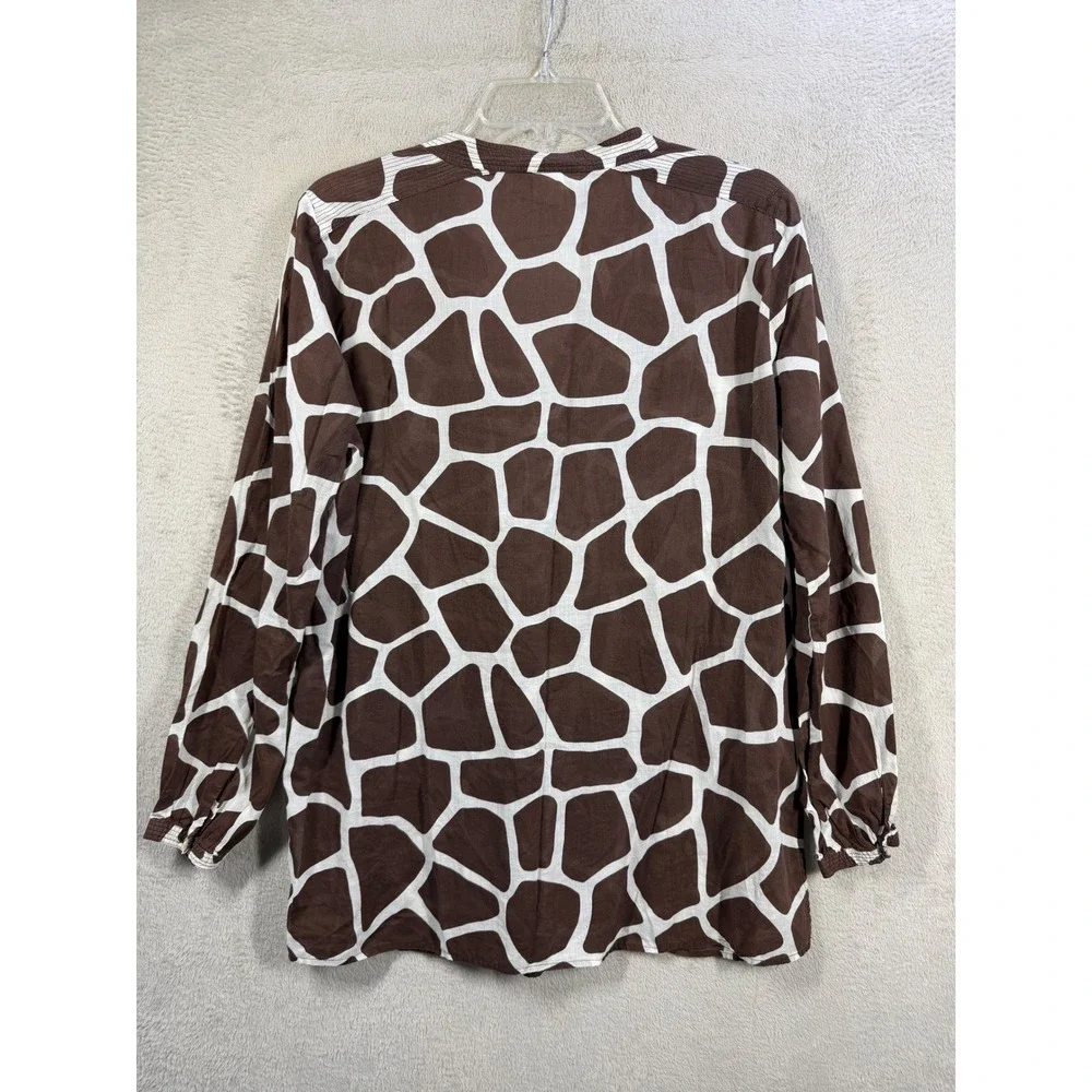 Michael Kors Tunic Blouse Womens L Brown Giraffe Print Cotton V-Neck Top